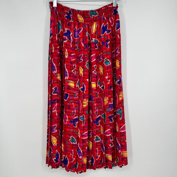 Vintage Mayeelok Paris Skirt Blouse Set Womens M Red Colorful Pleated Midi Satin - Picture 5 of 11